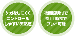 ケガをしにくくコントロールしやすい天然芝 夜間照明つきで夜11時までプレイ可能